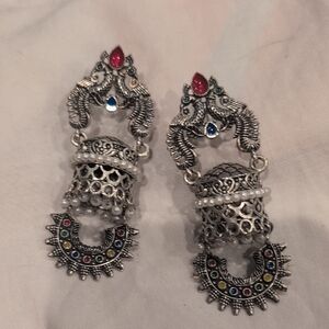 Intricate Silver and Multicolor Dangle Earrings jhumka